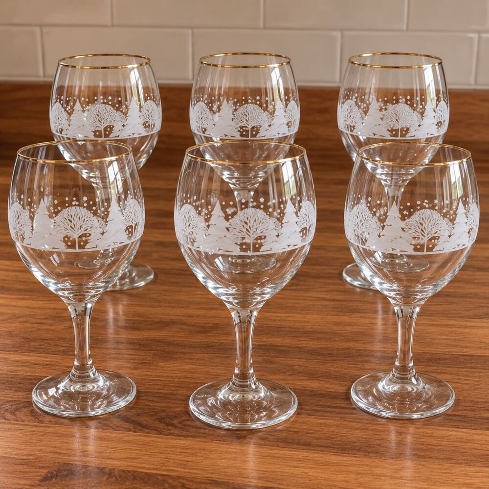 Vintage Libbey Arby's Winter Wonderland Wine Glasses Goblet Gold Rim Set of 6